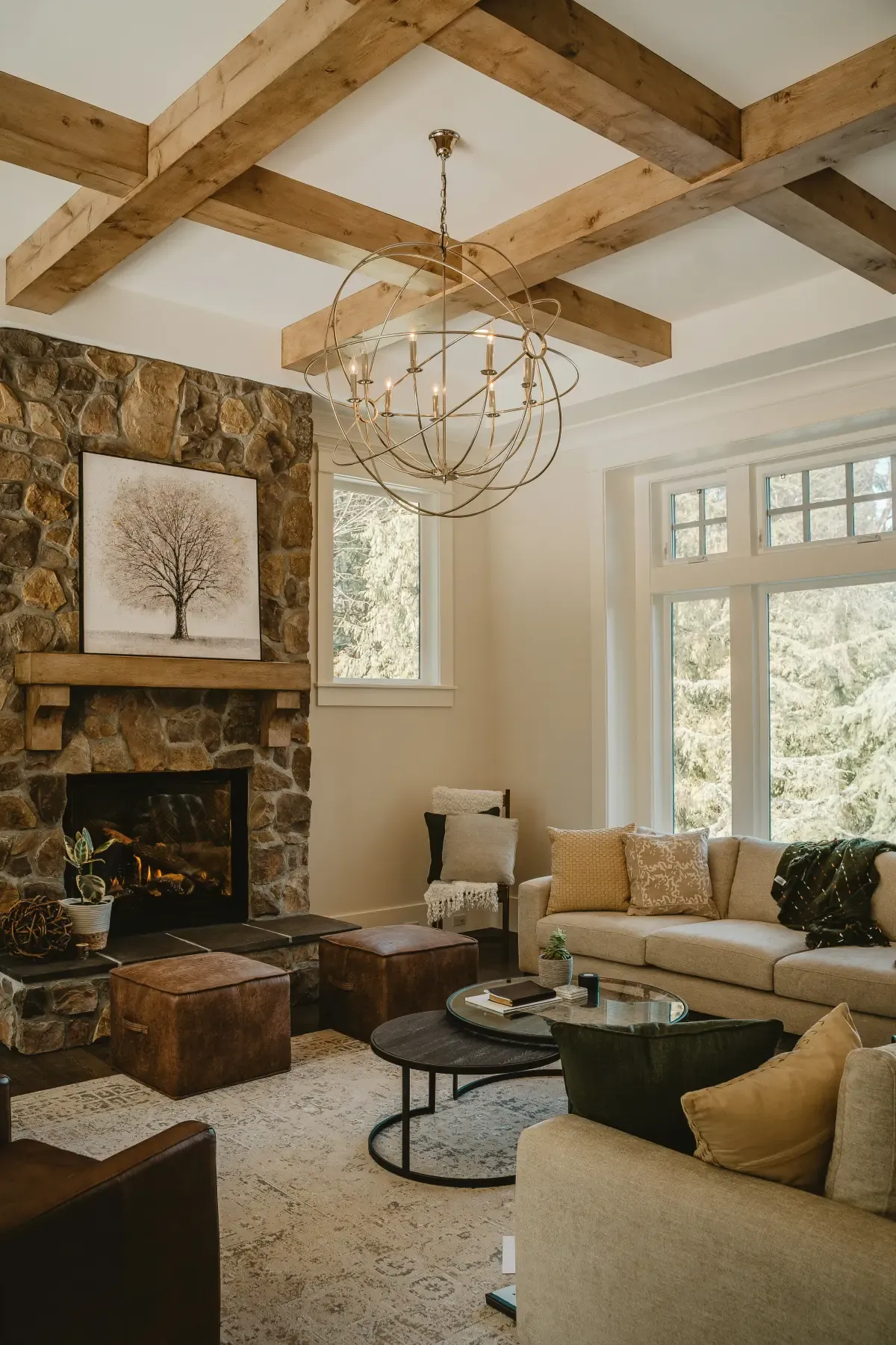 Rustic living room rebuilt after fire damage restoration
