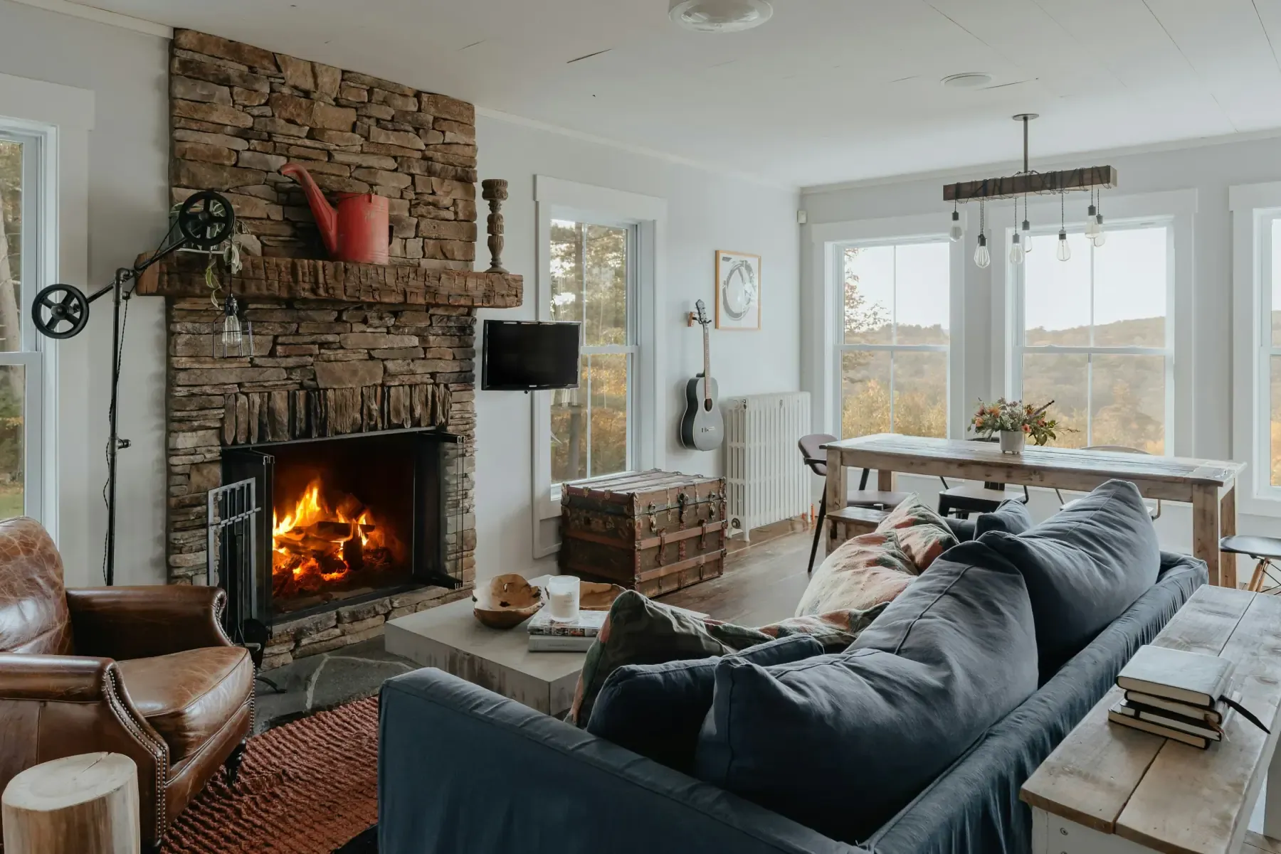 Living room fireplace rebuilt after fire damage restoration