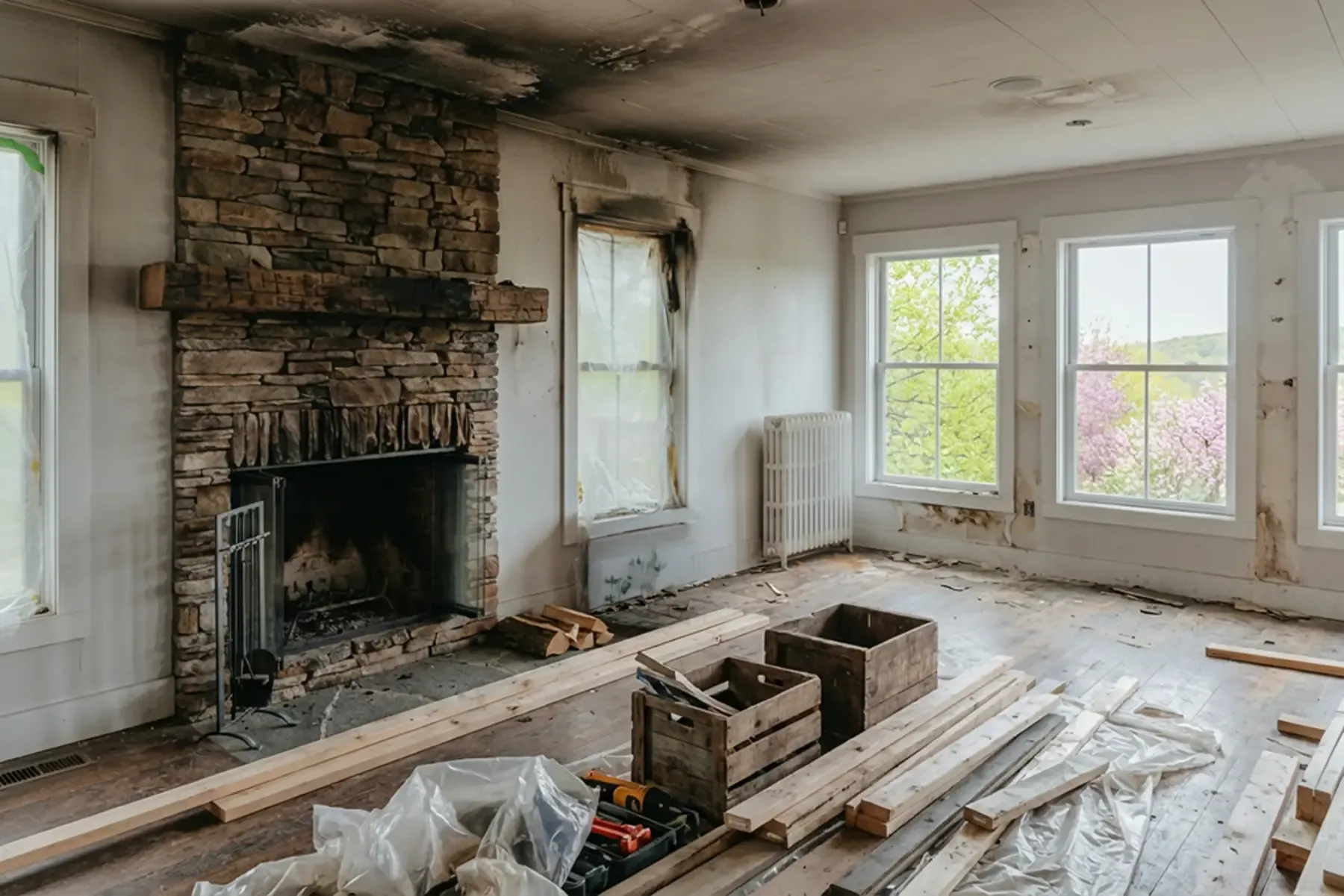 Fire-damaged living room with soot staining around a stone fireplace