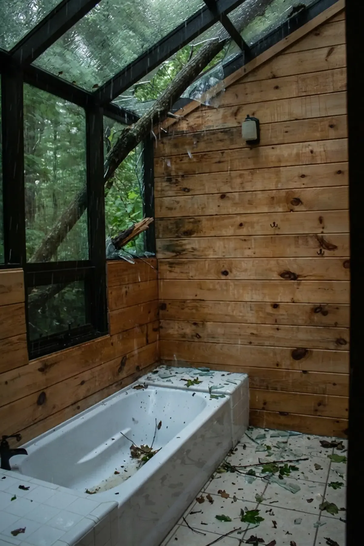 Storm-damaged bathroom window with water intrusion and debris inside the room